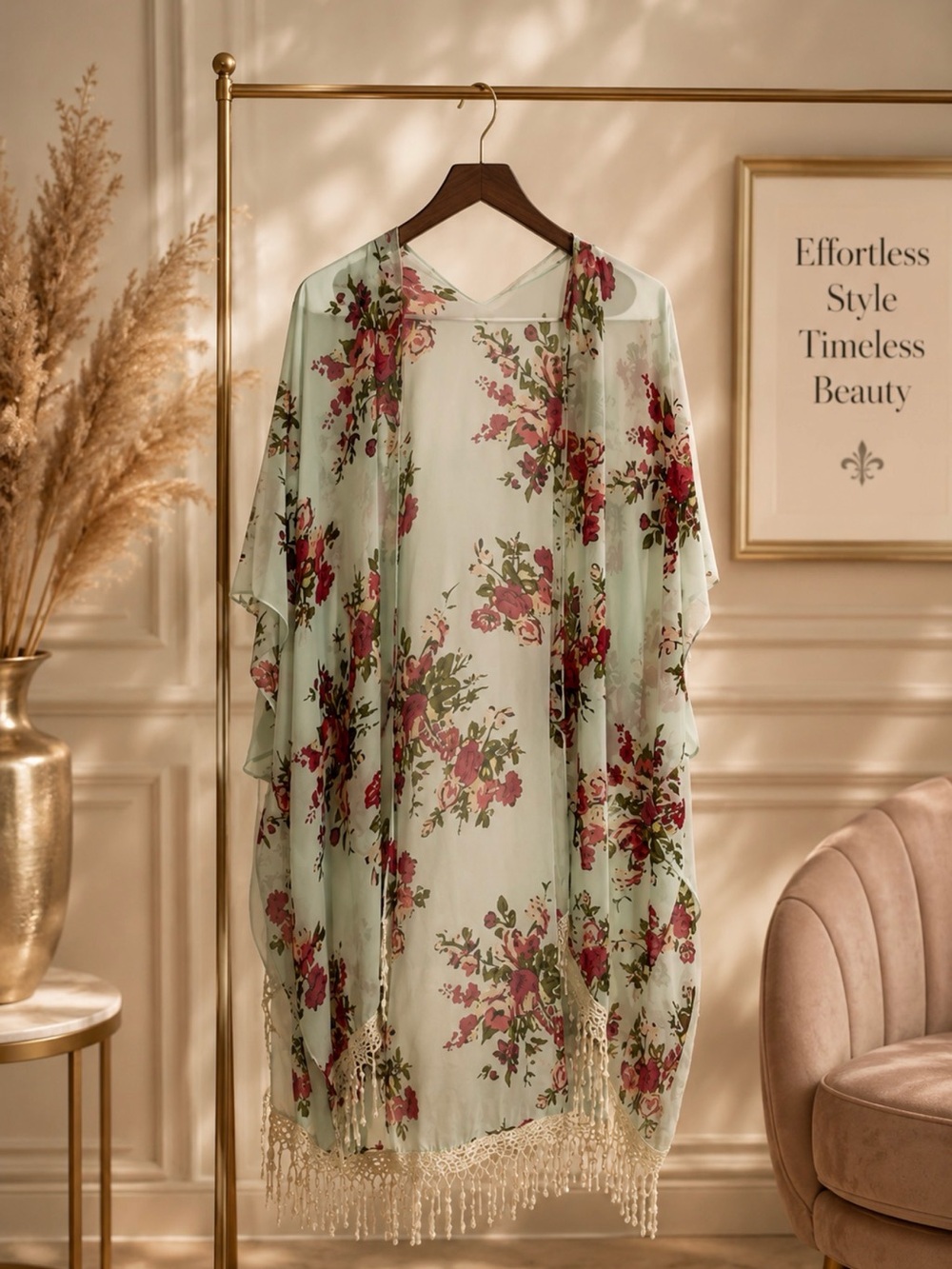 Floral Fringe Sheer Kimono Cover-Up - Mint with Rose Print